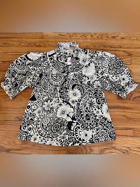 Style U Black Cream Floral Paisley Print Puff Sleeve Blouse Top Womens Small NEW